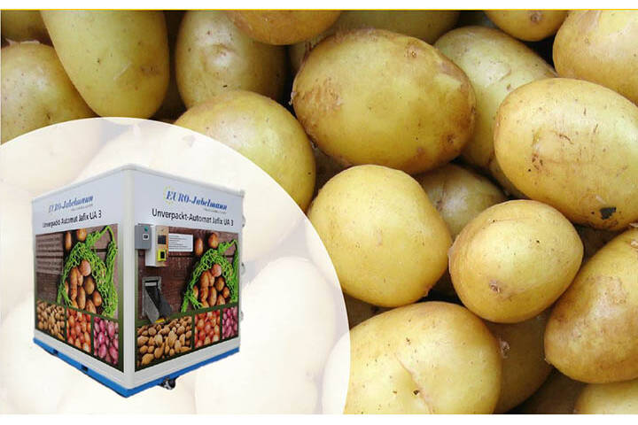 SB-Automat für Kartoffeln mit Wägetechnik von SysTec Innovationspreis für EURO-Jabelmann-Automat mit SysTec-Wägeeinheit: regionale Lebensmittel, bargeldloses Bezahlen, 24/7-Verfügbarkeit und verpackungsfreie Vermarktung.