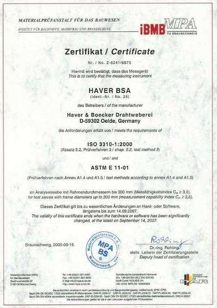 Qualitätsprüfung von Drahtgewebe und Analysensieben. Zertifikat der MPA IBMB TU Braunschweig für das Messgerät Haver BSA (Bildanalyse)
