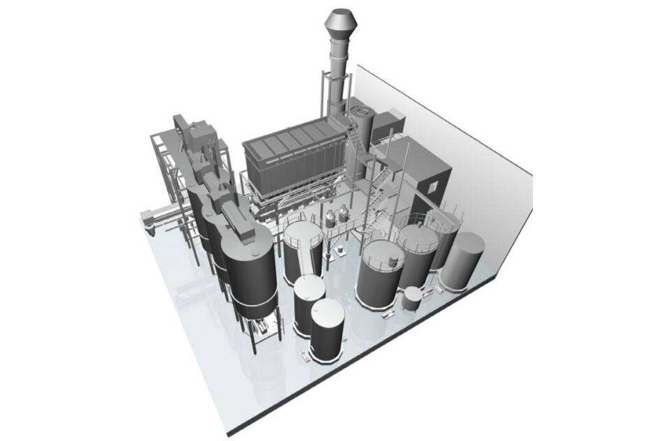 Abbildung 1: 3D-Modell einer kontinuierlichen Granulationsanlage mit integrierter Wärmerückgewinnung.
