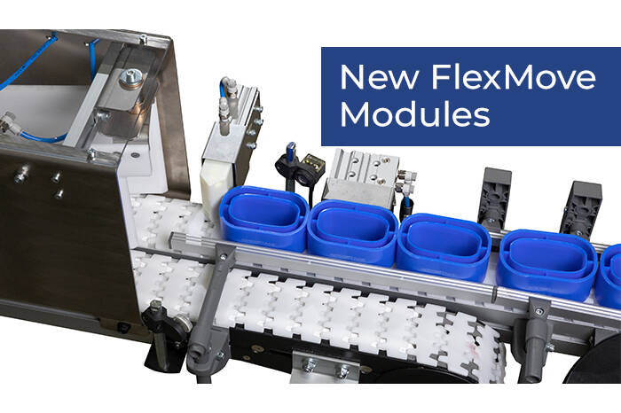 Zwei neue FlexMove-Module – Produktträger und Verpackungen stoppen Dorner bietet jetzt ein Puck-Stopp-Modul sowie ein Umleitungsmodul für seine FlexMove®-Scharnierbandförderer an. 