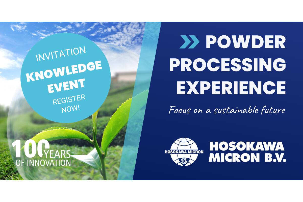 Powder processing experience at Hosokawa Micron B.V On 31 May, 1 and 6 June, Hosokawa Micron B.V. will host an event for powder processing professionals. The event will feature external speakers, presentations, live tests and demonstrations as well as exhibitors showcasing their products and services.