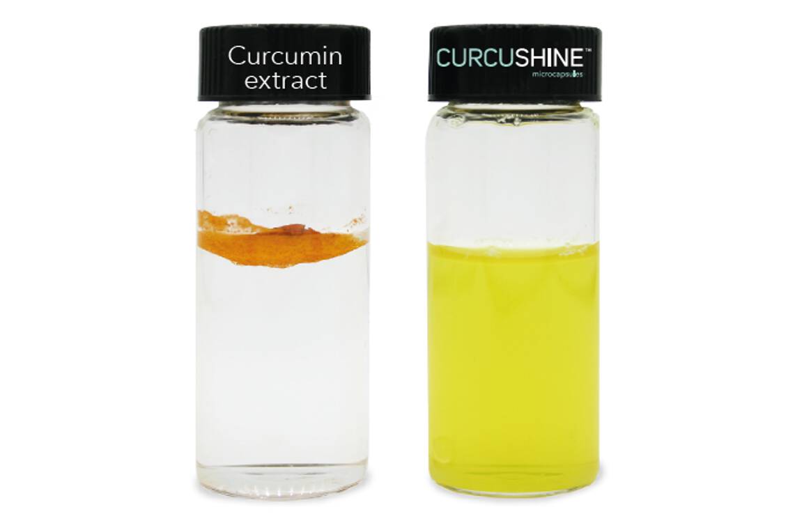 Abbildung 1: Der reine Curcumin-Extrakt ist in Wasser nahezu unlöslich (links), während das optimierte Produkt die gewünschte Löslichkeit zeigt (rechts). (Copyright: Sphera)
