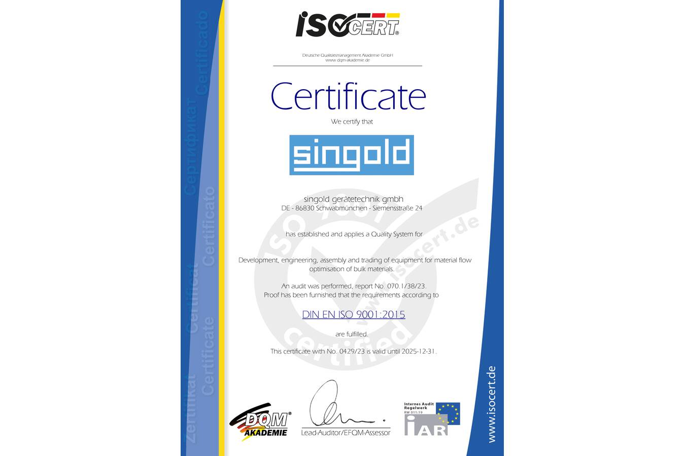 singold erhält Zertifizierung nach ISO 9001:2015 