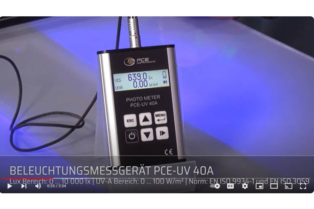 Video: Produktvorstellung vom UVA-Messgerät PCE-UV 40A Spezifikationen: Gleichzeitige Messung von UV-A-Strahlung und sichtbaren Licht; Externer Sensor für flexible Positionierung; 
 Datenspeicher