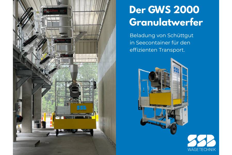 Beladung von Schüttgut in Seecontainer für den effizienten Transport Der GWS 2000 Granulatwerfer ist die ideale Lösung für das Ausbringen von Schüttgut unterschiedlichster Art. 