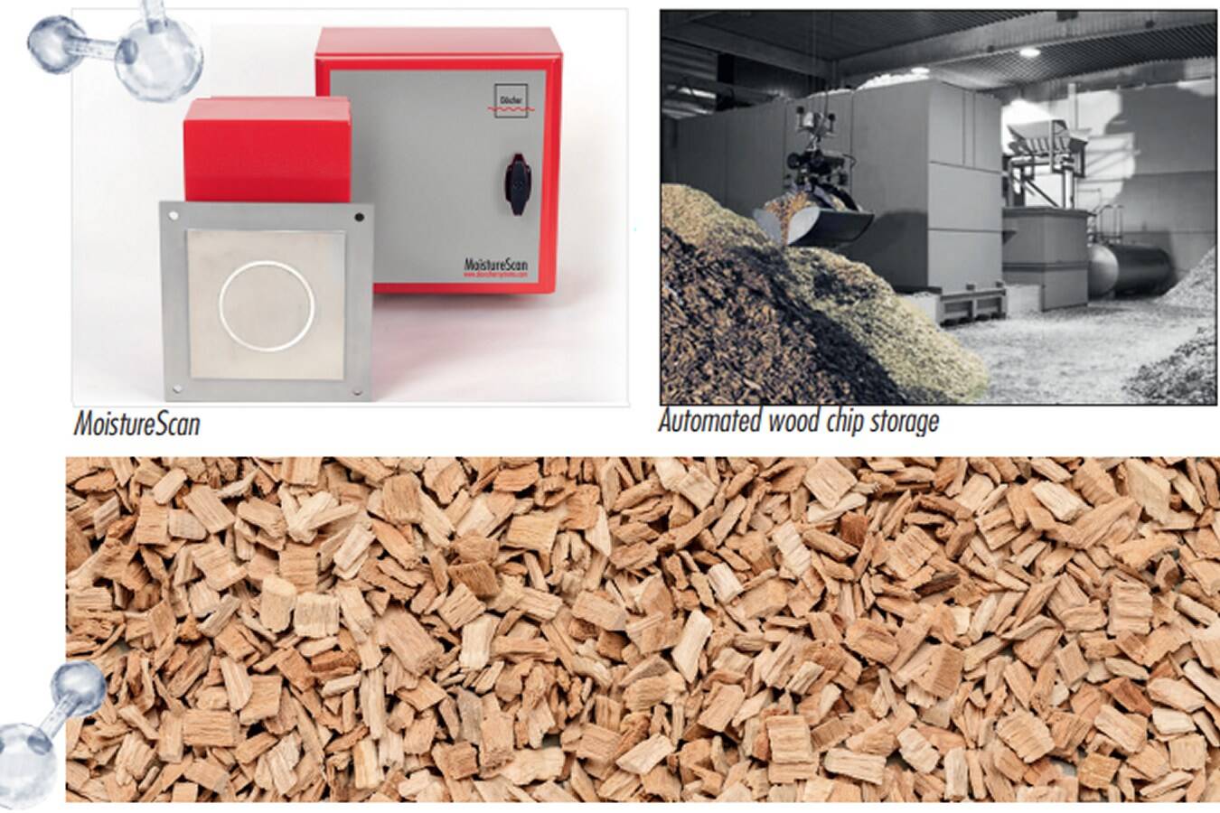 Feuchtigkeitsmessung in einem Blockheizkraftwerk Für den automatisierten Betrieb eines holzgasbetriebenen BHKW wurde das Feuchtemessgerät MoistureScan in die Greiferschaufel des Roboters integriert.
